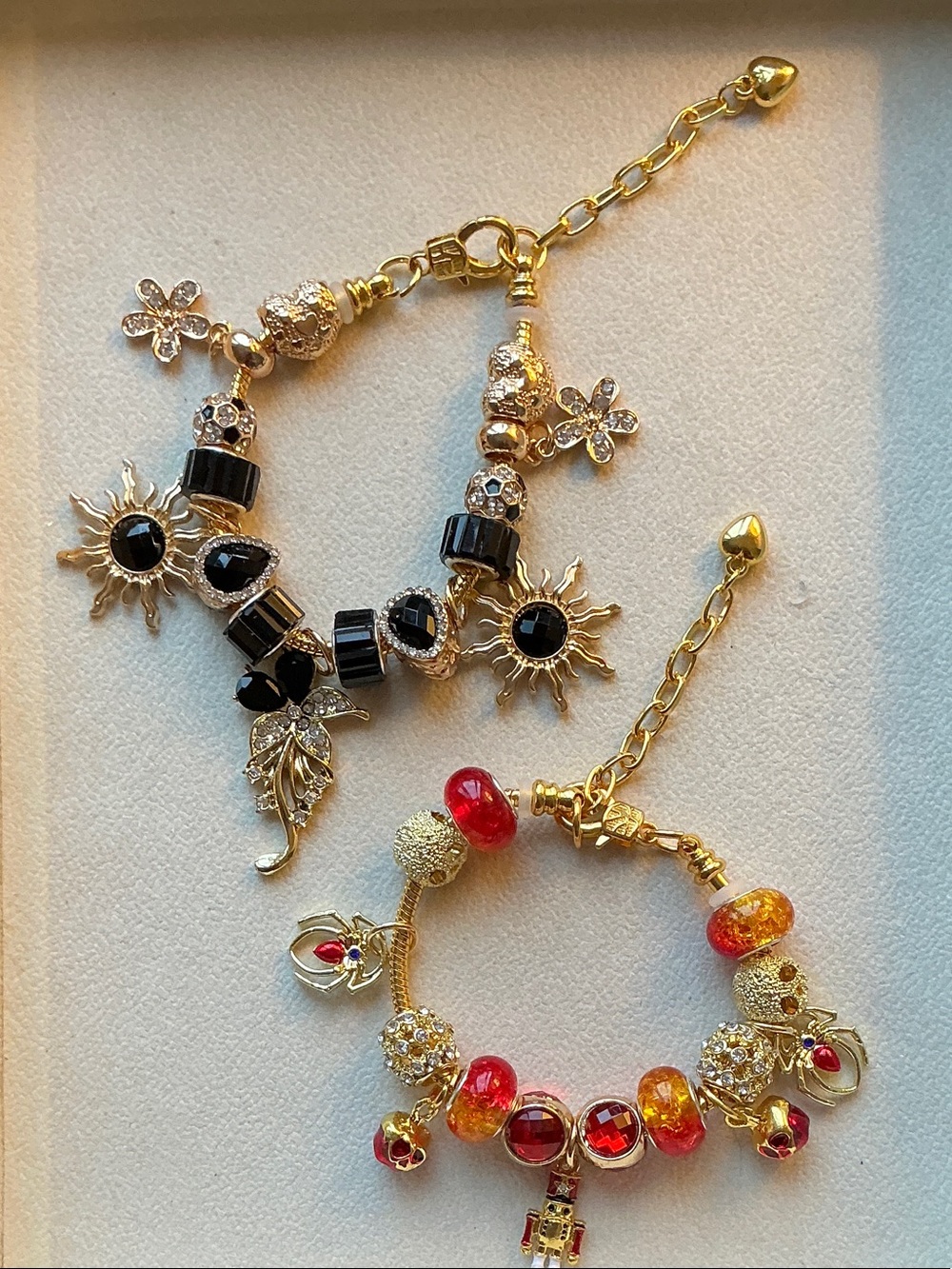 Gold-Tone Floral Sun & Bead Charm Bracelets - Black and Red - Bundle of 2